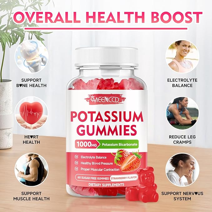 Potassium Gummies, Potassium Bicarbonate Supplement for Adults & Kids, Potassium Supplement for Electrolyte Balance & Muscle Heath, Sugar-Free, Strawberry Flavor, 60 Count