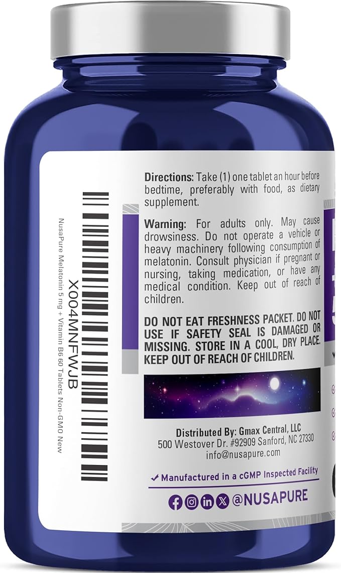 NusaPure Melatonin with Vitamin B6 & Calcium - Suitable for Vegetarian/Vegan, Non-GMO - 5 mg - 60 Tablets