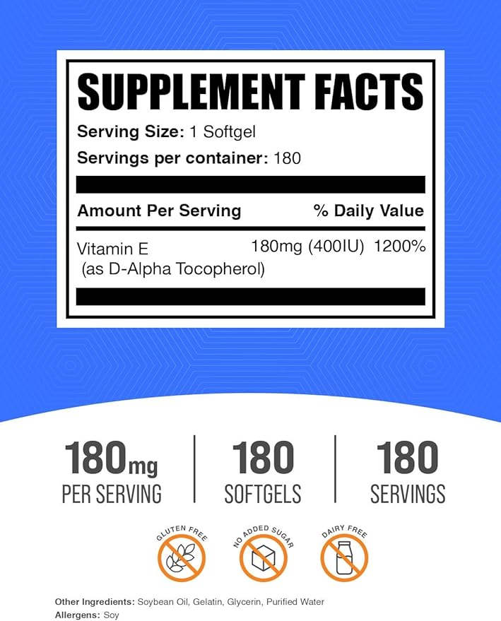 BulkSupplements.com Vitamin E 400 IU Softgels - Vitamin E Supplement, as D-Alpha-Tocopherol, Antioxidants - Gluten Free, 1 Softgel per Serving, 180 Count (Pack of 1)