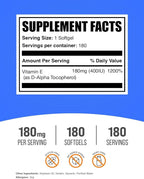 BulkSupplements.com Vitamin E 400 IU Softgels - Vitamin E Supplement, as D-Alpha-Tocopherol, Antioxidants - Gluten Free, 1 Softgel per Serving, 180 Count (Pack of 1)