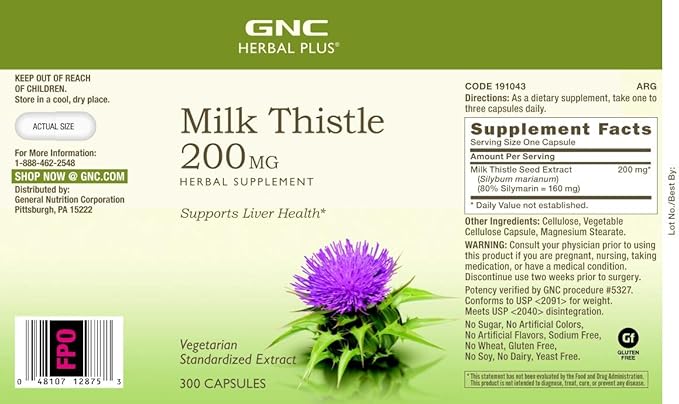 GNC Herbal Plus Milk Thistle 200mg Supplement, Vegetarian, Supports Healthy Liver Function, 300 Servings