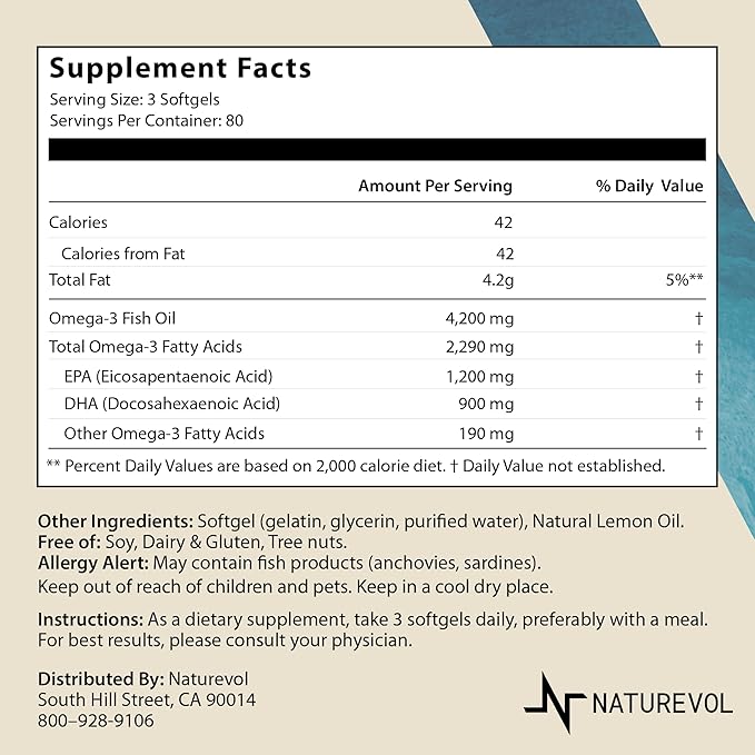 Triple Strength Omega-3 Fish Oil 4200mg – 1200mg EPA + 900mg DHA | High Potency Burpless Softgels | Wild-Caught Deep Ocean Fish Oil | Lemon Flavor - 240 Softgels