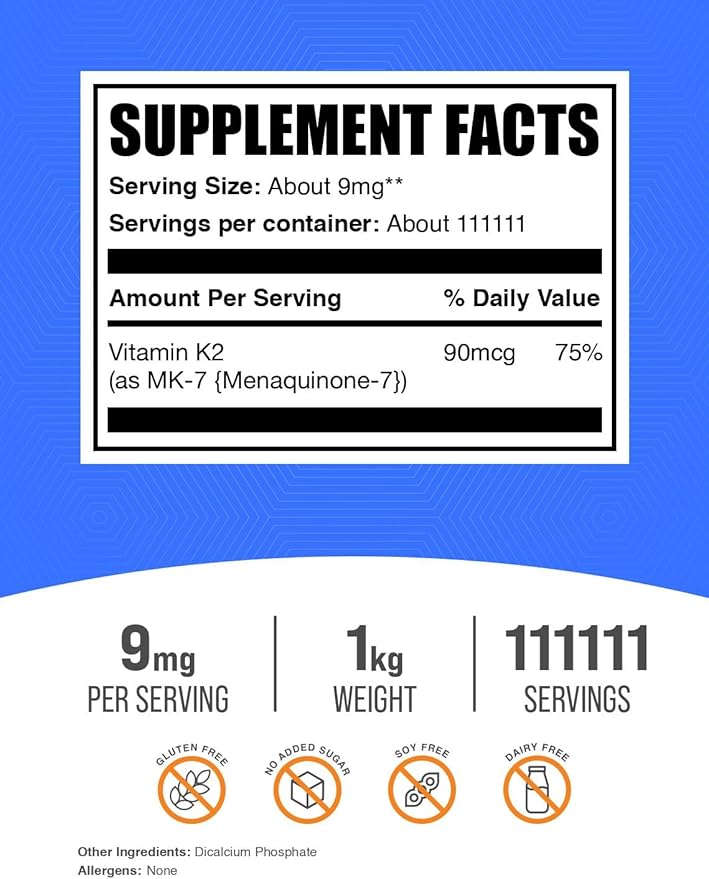 BulkSupplements.com Vitamin K2 Powder - Vitamin K2 MK-7, as Menaquinone Powder - K2 Vitamin Supplement for Wellness, Gluten Free, 9mg per Serving, 1kg (2.2 lbs) (Pack of 1)