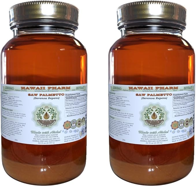 Hawaii Pharm Saw Palmetto Alcohol-Free Liquid Extract, Professional Grade, Small Batch Crafted Saw Palmetto (Serenoa Repens) Dried Berry Glycerite Natural Herbal Supplement, 2x32 fl.oz