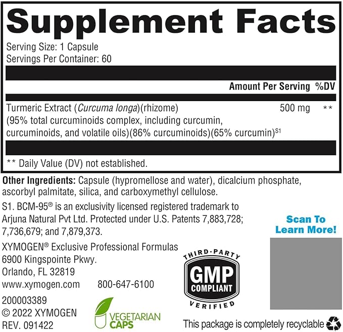 XYMOGEN CurcuPlex-95 - Turmeric Curcumin Supplement for Daily Brain Support* - Enhanced Bioavailability - Non-GMO, Gluten-Free, Vegan - 60 Capsules