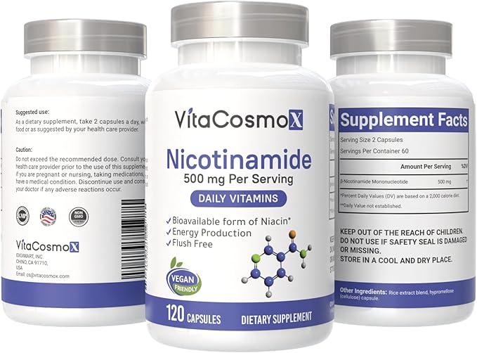 Nicotinamide 500mg Vitamin B3, 120 Capsules - Non-GMO, Gluten Free, Flush Free- 2 Packs