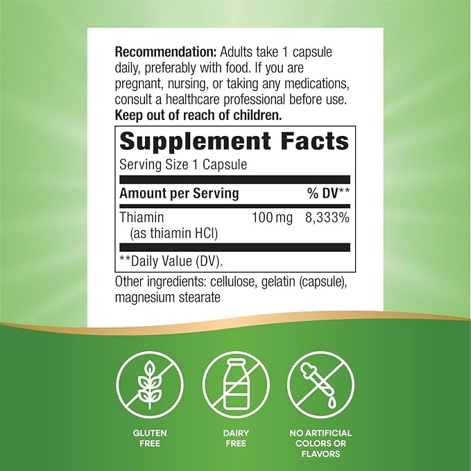 Nature's Way Vitamin B1, High Potency, 100 mg Thiamin per Serving, Thiamin HCl, Supports Energy Metabolism*, Gluten Free, 100 Capsules (Packaging May Vary)