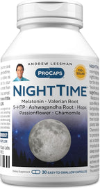 ANDREW LESSMAN Night Time 30 Capsules - 3mg Melatonin, Valerian, Ashwagandha, Passionflower, Hops, Chamomile. No Morning Grogginess. Natural Support, Gentle Restful Sleep. Easy to Swallow Capsules