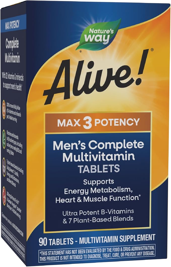 Nature’s Way Alive! Men’s Max3 Potency Multivitamins, Supports Energy Metabolism*, Heart & Muscle Function*, with Methylated B12 and Folate, Gluten-Free, 90 Tablets