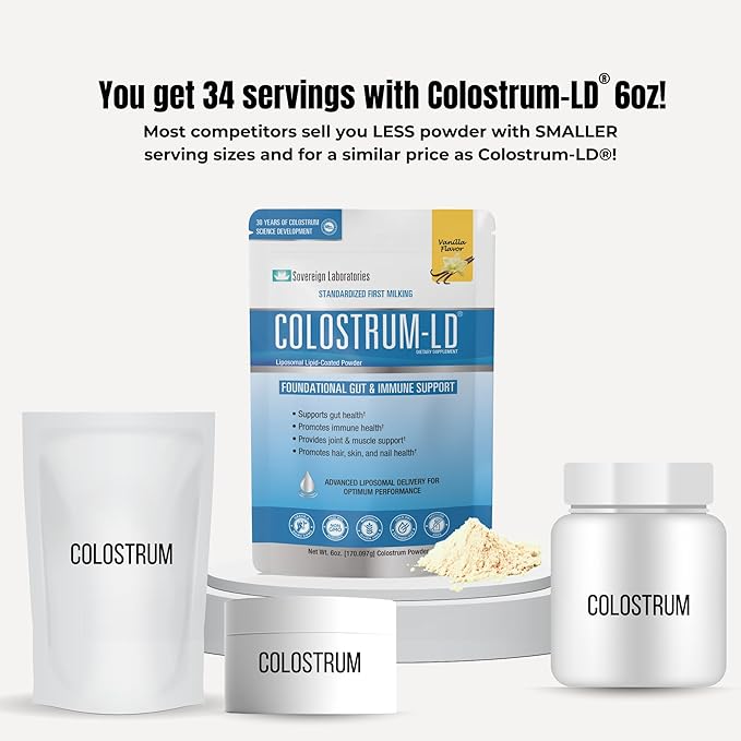 Colostrum-LD Liposomal Delivery - Colostrum Powder - Gluten-Free, Lactose-Reduced - 34 Servings - Sovereign Laboratories - 6 oz Vanilla