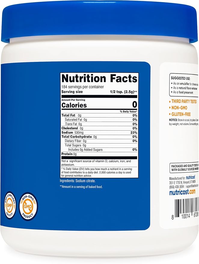 Nutricost Sodium Citrate Powder 1LB (16oz) - Food Grade, Non-GMO - Emulsifier, Natural Flavor Enhancer, Food Preservant