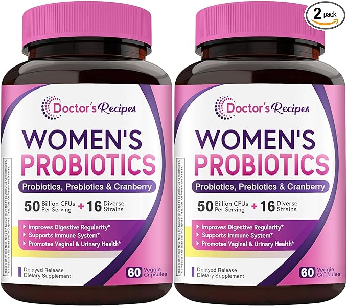 Doctor's Recipes Women's Probiotics, 120 Caps (2 Pack) 50 Billion CFU 16 Strains, with Organic Cranberry, Digestive Immune Vaginal & Urinary Health, Shelf Stable, Delayed Release, No Soy Gluten Dairy