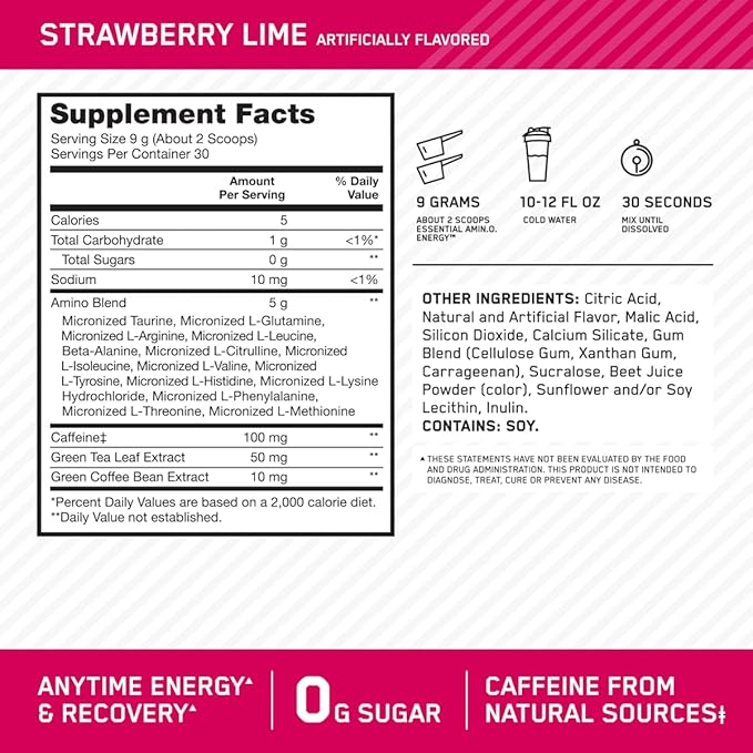 Optimum Nutrition Amino Energy - Pre Workout with Green Tea, BCAA, Amino Acids, Keto Friendly, Green Coffee Extract, Energy Powder - Strawberry Lime, 9.5 Ounce, 30 Servings (Packaging May Vary)
