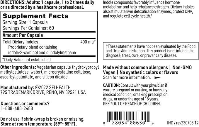 Klaire Labs SFI Health Indole Forté - Estrogen Supplement for Women & Men with Diindolylmethane & Indole-3-Carbinol - Indole & DIM Supplement to Promote Healthy Estrogen Metabolism (60 Capsules)