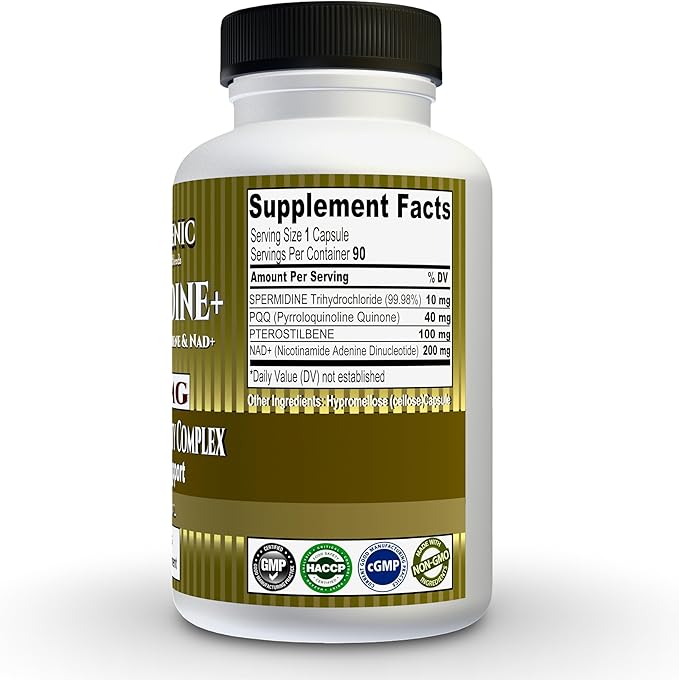 SPERMIDINE+ 350 mg | Cellular Longevity Complex | Spermidine TriHCl (99.98% COA) 10 mg, PQQ 40 mg, Pterostilbene 100 mg & NAD+ 200 mg | 90 Capsules | Serving Size One Capsule