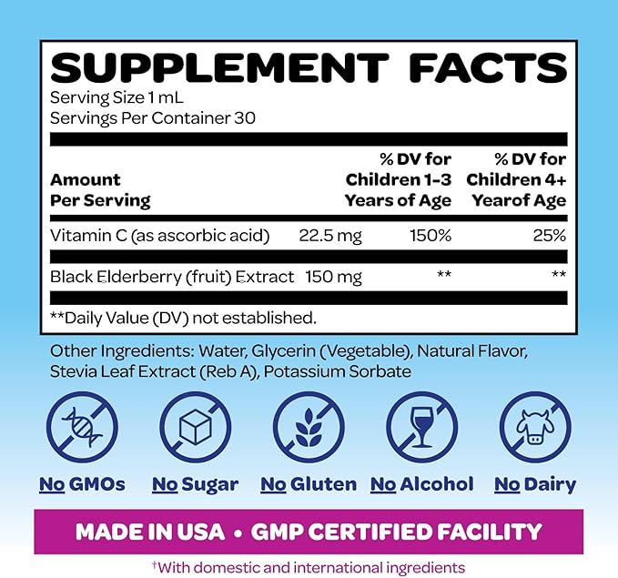 Smurfs Kids Elderberry Drops | Liquid Vitamin C and Elderberry for Kids Immune Support | Ages 1 & Up | Vegan Non-GMO & No Artificial Flavors or Colors | No Added Sugar | Berry Flavor | 30 Servings