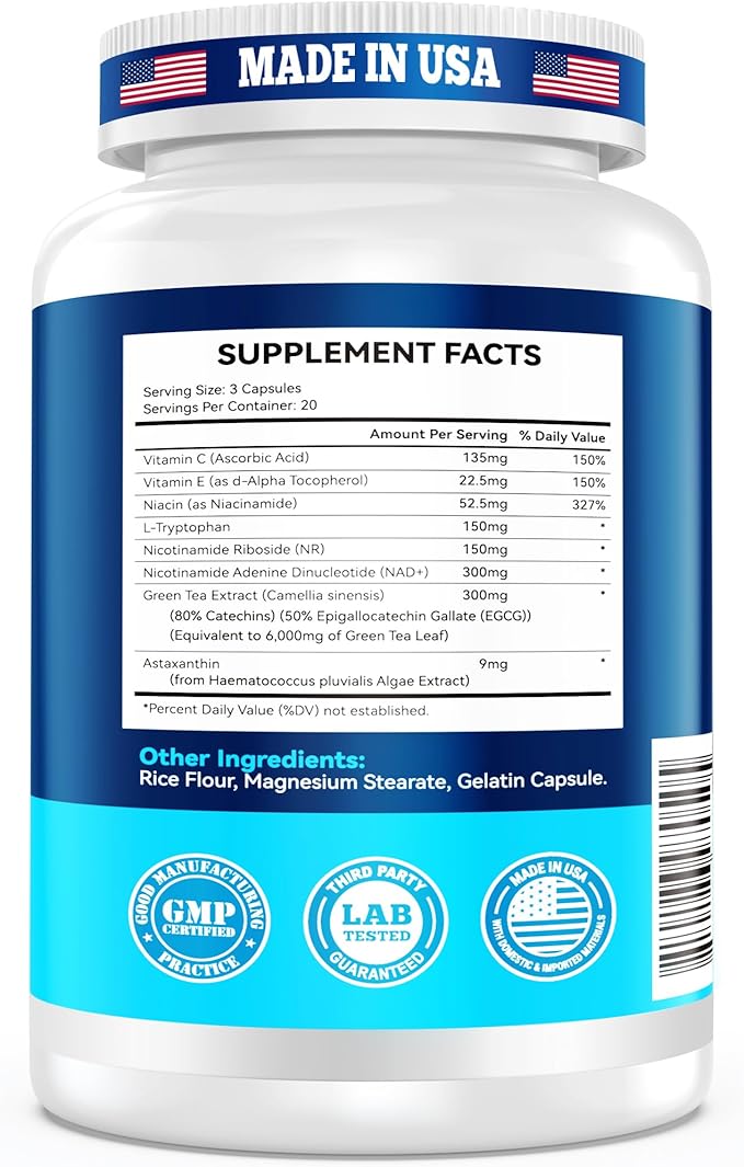 NAD Supplement 1119 mg with NR | Advanced Complex | NMN Alternative | Green Tea Extract + Astaxanthin | Anti-Aging Cellular Energy Support | 60 Capsules, Made in USA