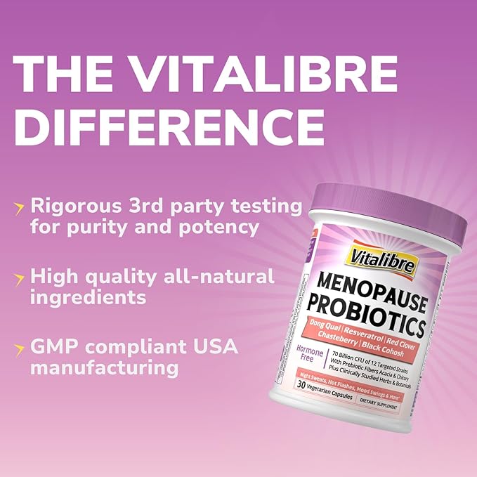 Vitalibre Menopause Probiotics for Women 70 Billion CFU, 12 Targeted Strains, Organic Prebiotics, Black Cohosh Resveratrol Red Clover Chasteberry Dong Quai, Hot Flash Night Sweat+, No Estrogen, 30 Ct