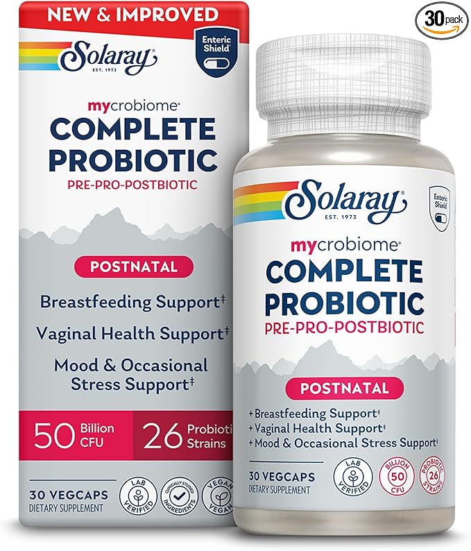 SOLARAY Mycrobiome Complete Probiotic Postnatal - Pre and Probiotics for Women and Men Plus Postbiotic - 50 Billion CFU, 23 Strains - Vegan, Clinically Studied Ingredients - 30 Servings, 30 VegCaps