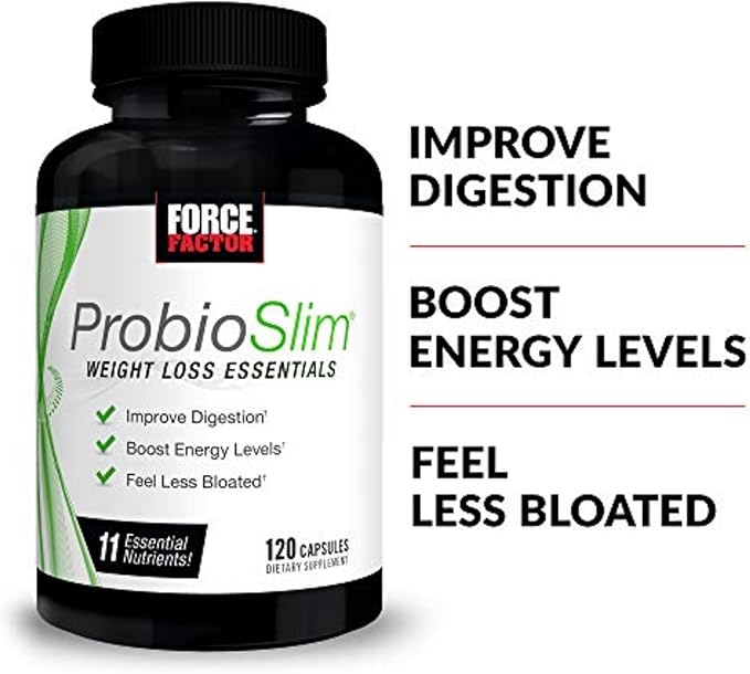 ProbioSlim Weight Loss Essentials Complete Daily Digestive Health and Weight Loss Probiotic Supplement for Women and Men with Electrolytes and Green Tea Extract, Force Factor, 120 Capsules