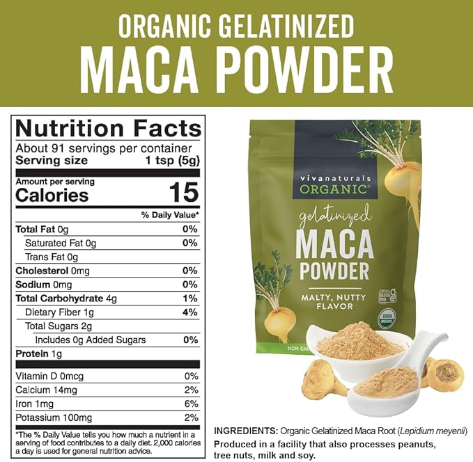 Viva Naturals Organic Maca Powder, Gelatinized, 16 oz (1 lb) – Vegan, USDA Organic, Gluten-Free, Non-GMO Peruvian Superfood in Resealable Bag