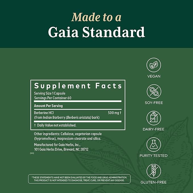 GAIA HERBS PRO Berberine Metabolic - Supplement Supplement with Berberine HCI - Vegan, Gluten-Free, Soy-Free - 60 Capsules (60 Servings)