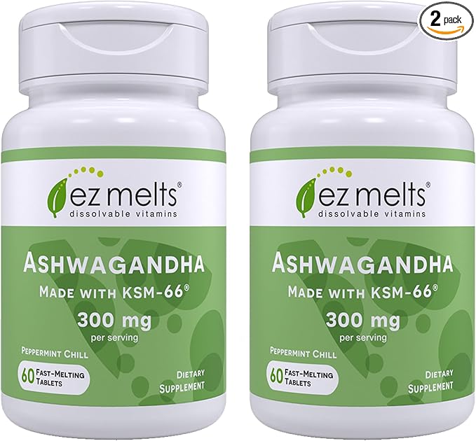 EZ Melts Dissolvable KSM-66 Ashwagandha, 300 mg, Sugar-Free, Stress, Sleep and Mood Support Supplement, 30-Day Supply, Peppermint Chill-Flavor - 2 Pack