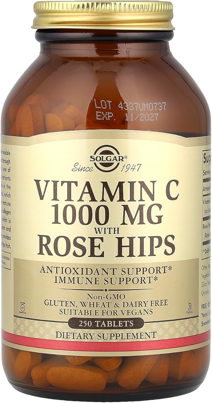 Solgar Vitamin C 1000 mg with Rose HIPS, 250 Tablets - Antioxidant & Immune Support - Overall Health - Supports Healthy Skin & Joints - Non-GMO, Vegan and Kosher - 250 Servings