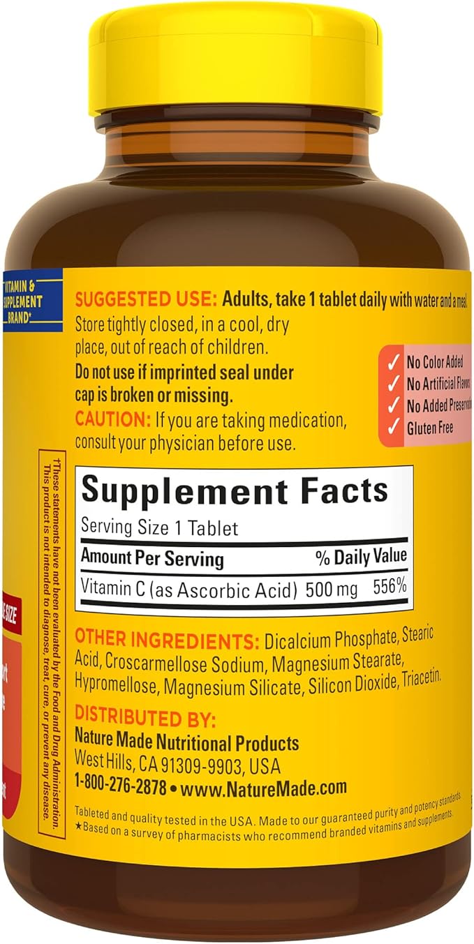 Nature Made Vitamin C 500 mg, Dietary Supplement for Immune Support, 500 Tablets, 500 Day Supply