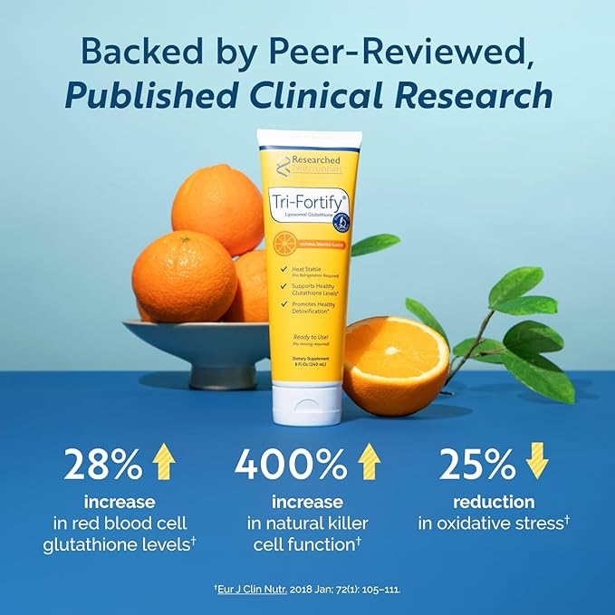 Researched Nutritonals Tri-Fortify Liposomal Glutathione Supplement Liquid Gel - Clinically Researched Detox & Immune System Support, Antioxidant - Superior Absorption - Natural Orange, 8 Fl Oz
