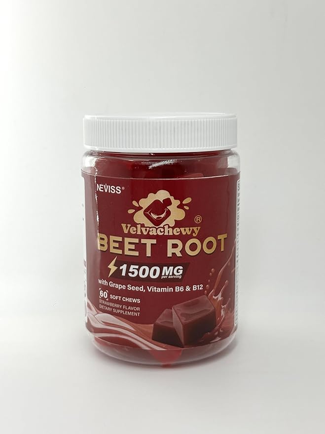 NEVISS Beet Héāŗt Chews 1500mg, Nitric Oxide and Blood Préssũre Support, 5 in 1 Beets Supplements w/Grape Seed, L-Citrulline, Vitamin B6 & B12 for Energy & Circulation Support, 60 Chews, Sugar-Free