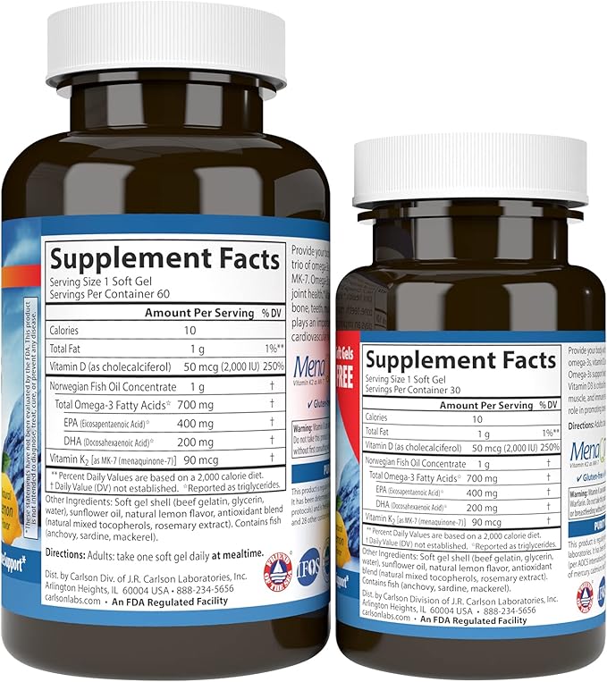Carlson - Elite Omega-3 Plus D & K, 700 mg Omega-3s + D3 & K2, Function, Bone Health & Immune Support, Lemon, 60+30 Softgel