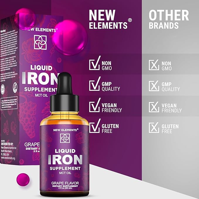Iron Supplement for Women & Men Free Blood Builder, Iron Vitamin for Anemia | Liquid Iron Drops for Adults with MCT Oil, Natural Grape Flavor, Faster Absorption & Immune Support (2 Fl Oz)