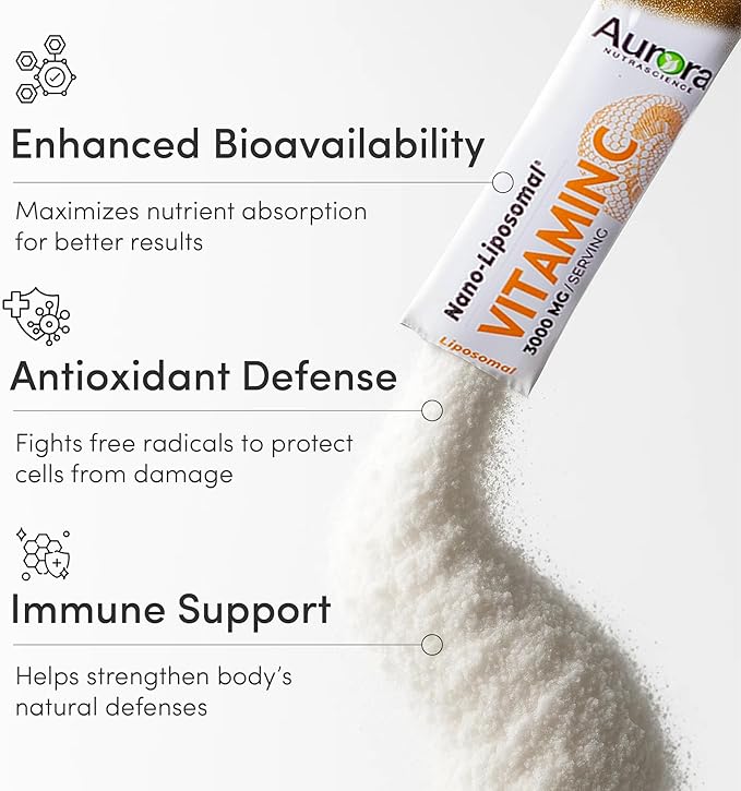 Aurora Nutrascience Nano-Pack Liposomal Vitamin C Powder Drink Mix - Healthy Immune Support for Adults, High Strength 3,000 mg Per Serving, Zero Sugar, - 30 Single Serve Packets, Orange