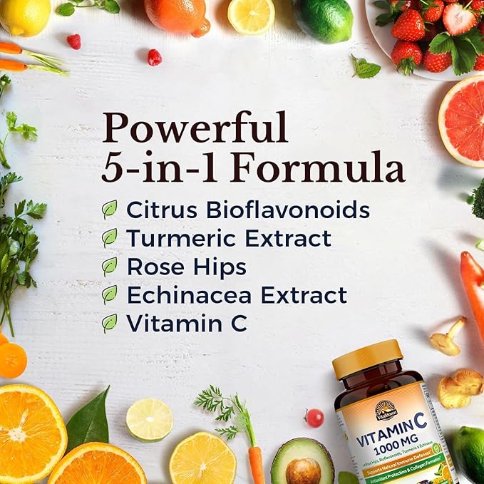 Vitalitown Vitamin C Complex 1000mg with Rose HIPS, Bioflavonoids, Turmeric & Echinacea, Daily Immune Support, Collagen Booster & Powerful Antioxidant, Vegan, 90 Tablets