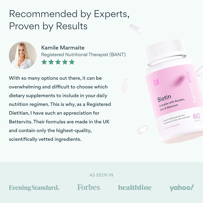 Betterrvits Hair Growth Vitamins for Women - Biotin 12,000 mcg with Zinc, Copper and Selenium Complex | Hair Skin and Nails Supplement for Women and Men with Keratin KeraGlo | 60 Capsules