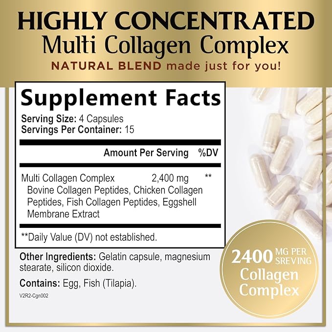 Multi Collagen Peptides for Women & Men - 2400mg per Serving - Best Hydrolyzed Collagen Complex with Type I, II, III, V, X - Hair, Skin, Nails & Joint Support Supplement - Bottled USA - 60 Capsules