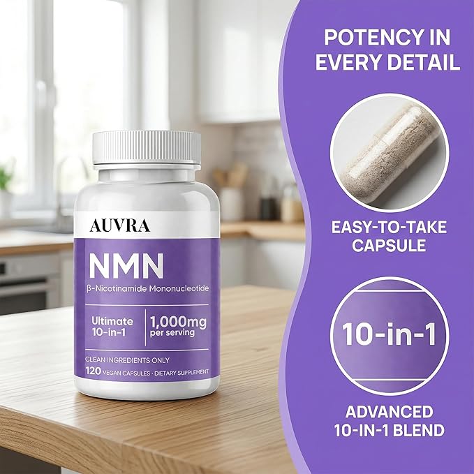 Auvra NMN 10 in 1 Capsules - 1000mg Per Serving, Cellular Energy & Daily Vitality Supplement with NAD+, TMG & Nutrient Blend, Wellness Support Capsules, Dietary Supplement - 120 Capsules