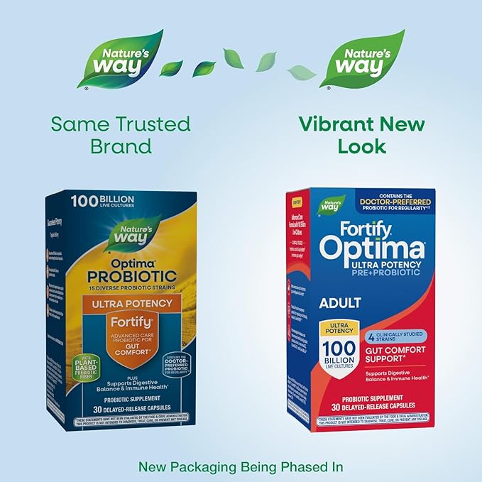 Nature's Way Fortify Optima Probiotic for Adults, 100 Billion Live Cultures, 15 Strains, Supports Digestive and Immune Health*, Plant-Based Prebiotic Fiber, 30 Capsules (Packaging May Vary)
