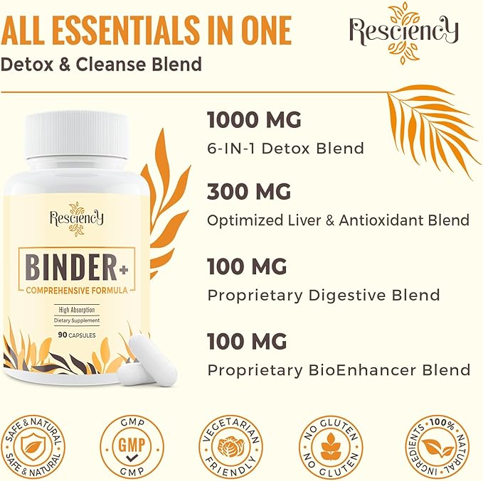Resciency Detox Binder Supplement – Activated Charcoal, Zeolite, Bentonite Clay, Milk Thistle, Proprietary Blends - Liver & Gut, Max Absorption, 180 Vegan Capsules