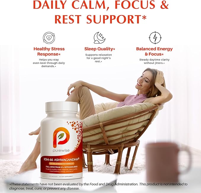 KSM-66 Ashwagandha 600mg Extra Strength Formula - Stress Relief Supplement for Sleep Support & Mood Support - Organic Full Spectrum 5% Withanolides - 120 Capsules