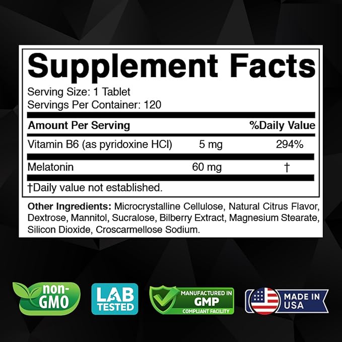 Vitabod Melatonin 60 mg with Vitamin B6 – 120 Fast Dissolve Tablets Extra-Strength Sleep Support – Drug-Free – Natural Citrus Flavor – Vegetarian, Non-GMO, Gluten-Free