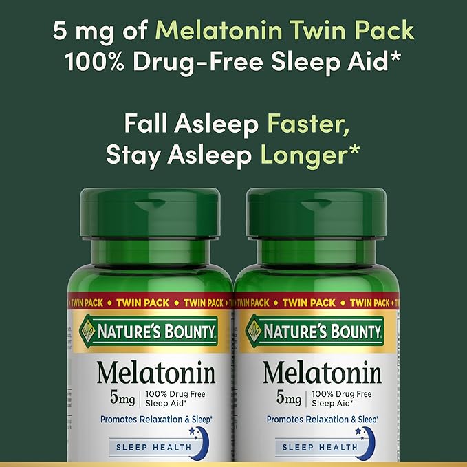 Nature's Bounty Melatonin 5mg, 100% Drug Free Sleep Aid, Dietary Supplement for Relaxation and Sleep Health - 4 Month Supply, 60 Rapid Release Softgels Twin Pack (120ct)