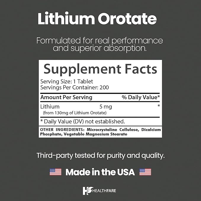 HealthFare Lithium Orotate 5mg | 200 Tablets | Trace Mineral Supplement | Vegetarian, Non-GMO, Gluten-Free | Made in the USA