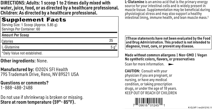 Klaire Labs SFI Health L Glutamine Powder - 5000mg Free-Form & Hypoallergenic Amino Acid - Supports Muscle Recovery, Immune Support and GI Health - Non Dairy & Gluten Free (351 G / 60 Servings)