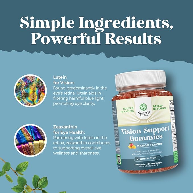Vision Support Gummies for Adults - Lutein and Zeaxanthin Supplements for Eye Health - Potent Lutein Eye Vitamins for Blue Light Protection Dryness Strain Support & Visual Sharpness - 60 Count