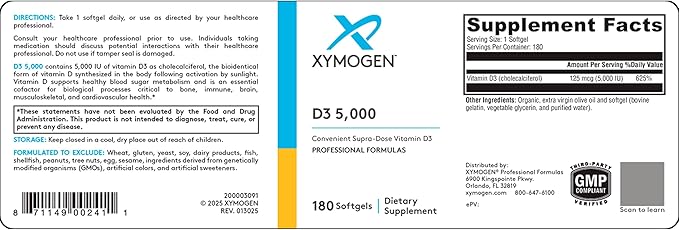 XYMOGEN D3 5000 - Bioavailable Vitamin D3 5000 IU (125 mcg) - High Strength Vitamin D Supplement for Immune Bone & Heart Health Support - 180 Softgels