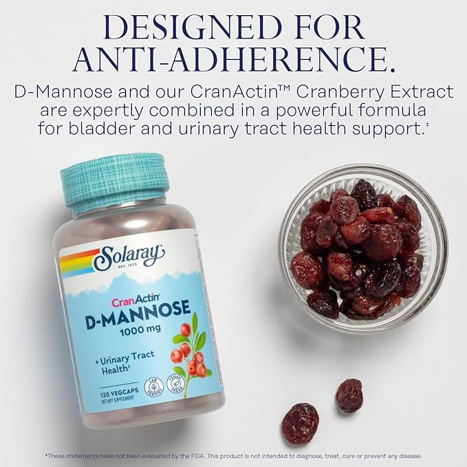 SOLARAY D-Mannose 1000mg with CranActin Cranberry Supplement 400mg, Urinary Tract Health & Bladder Support Capsules with Vitamin C, Vegan, 60 Day Guarantee, 60 Servings, 120 VegCaps (120 CT)