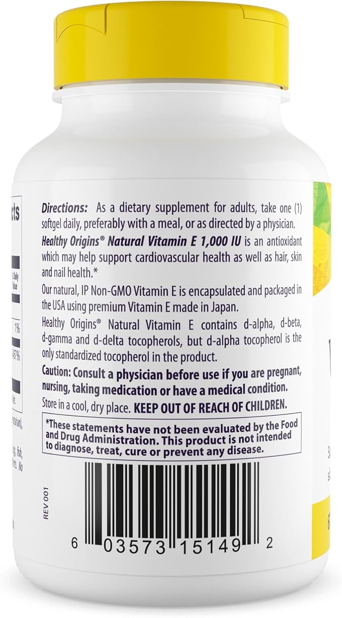 Healthy Origins Vitamin E, 1,000 IU (Natural) Mixed Tocopherols - Vitamin E Supplement - Gluten-Free & Non-GMO Skin, Hair & Nails Vitamin - 60 Softgels