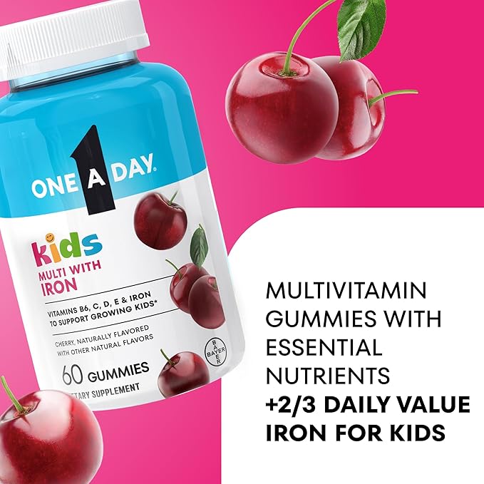 One A Day Kids Multivitamin with Iron Gummy, Vitamin D, Vitamin C, E, Zinc for Immune Support, Gummy Vitamins, Kids Multivitamin Gummies with Iron, Cherry Flavor, 60 Count (Packaging May Vary)